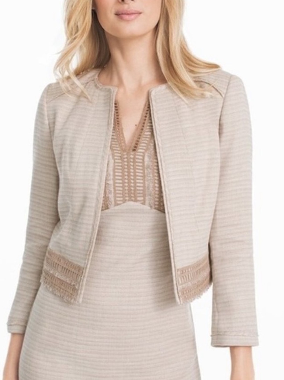 White House Black Market Cropped Natural Linen Collarless Tweed Woven Blazer 4
